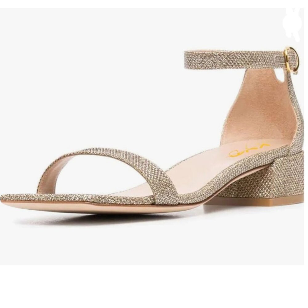 XYD Tan Glitter Open Toe Ankle Strap Buckled Low Chunky Heel Wedding Sandal